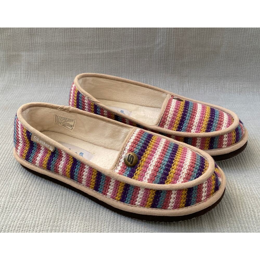 Skechers Cali Striped Knit Slippers Slip On Shoes Pink Purple Yellow Womens 7
